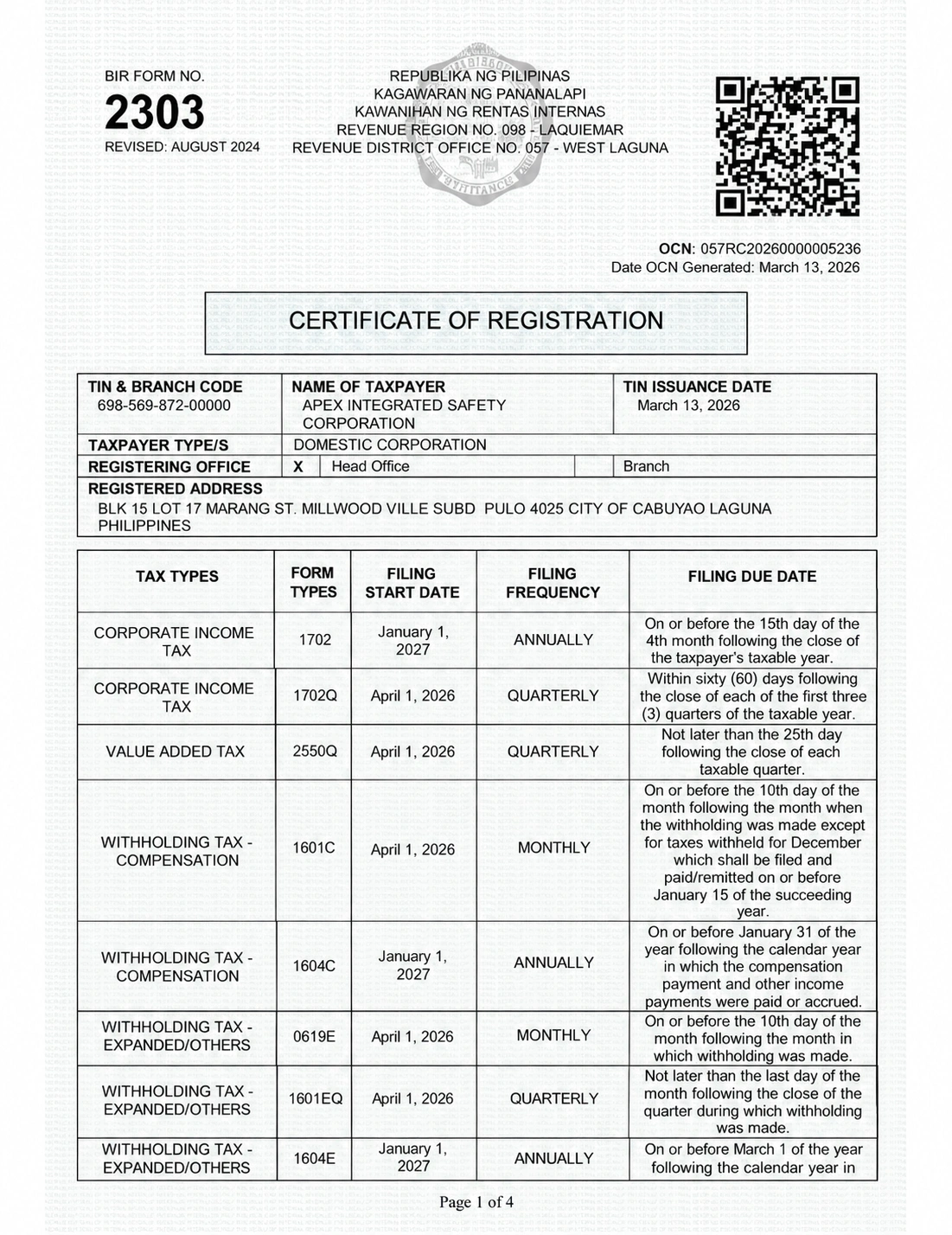 BIR Certificate of Registration Document